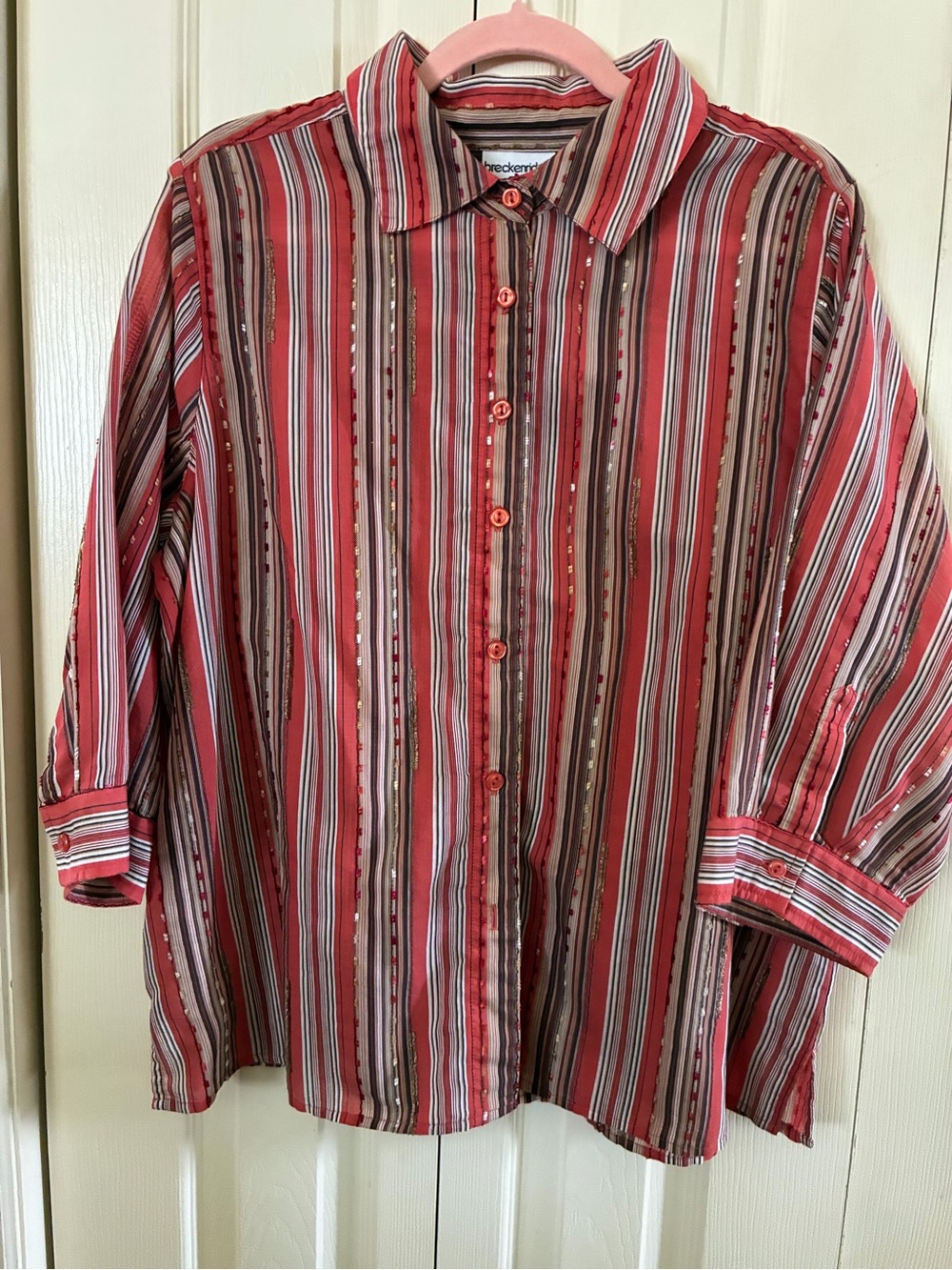 breckenridge Red, Brown & White Vertical Stripe Button-Down Shirt